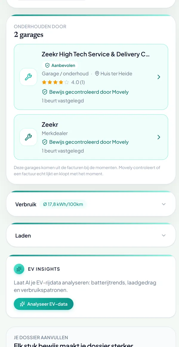 Onderhouden door 2 garages, elk met de melding Bewijs gecontroleerd door Movely