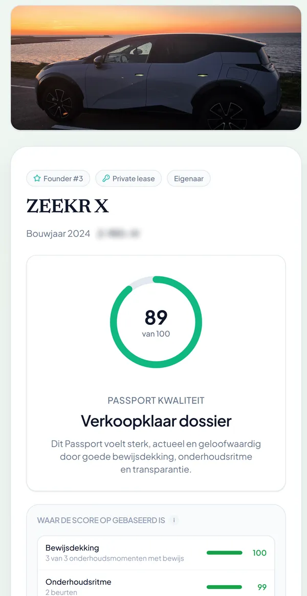 Publiek Movely Passport van een Zeekr X met foto, bouwjaar en Passport Score 89
