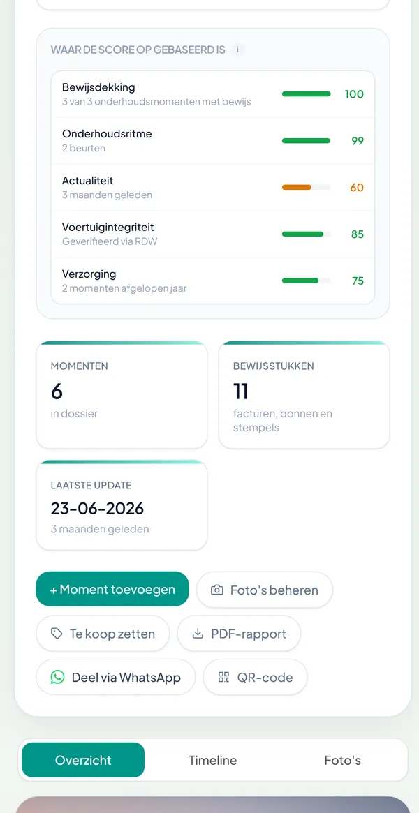 Opbouw van de Passport Score: bewijsdekking, onderhoudsritme, actualiteit, voertuigintegriteit en verzorging